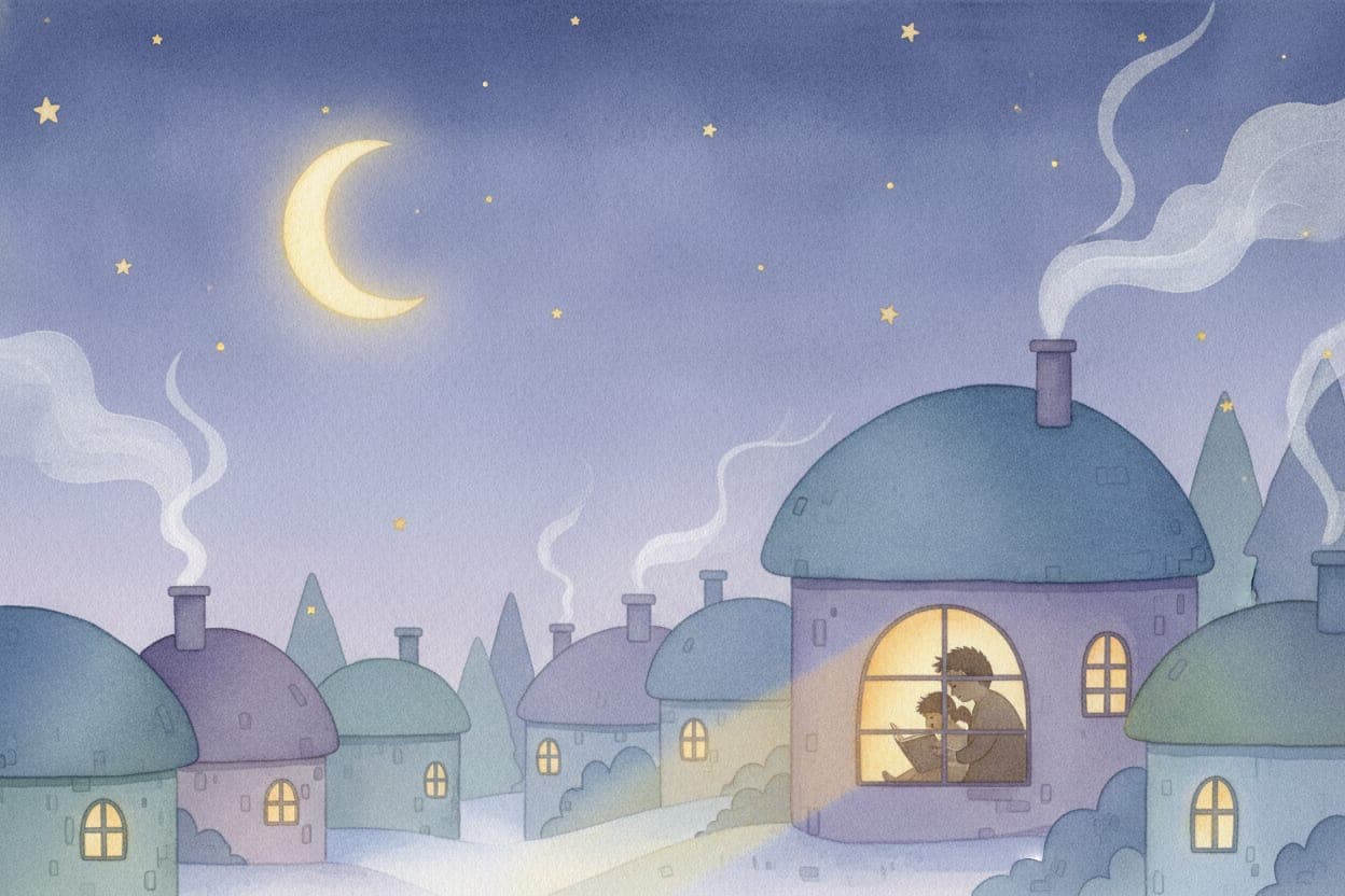 Ilustração em aquarela: pai e filho lendo um livro à janela sob a lua e as estrelas
