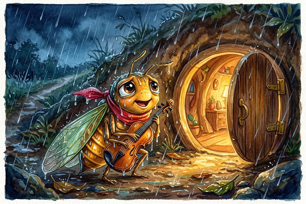 Ilustração do conto A Cigarra e a Formiga