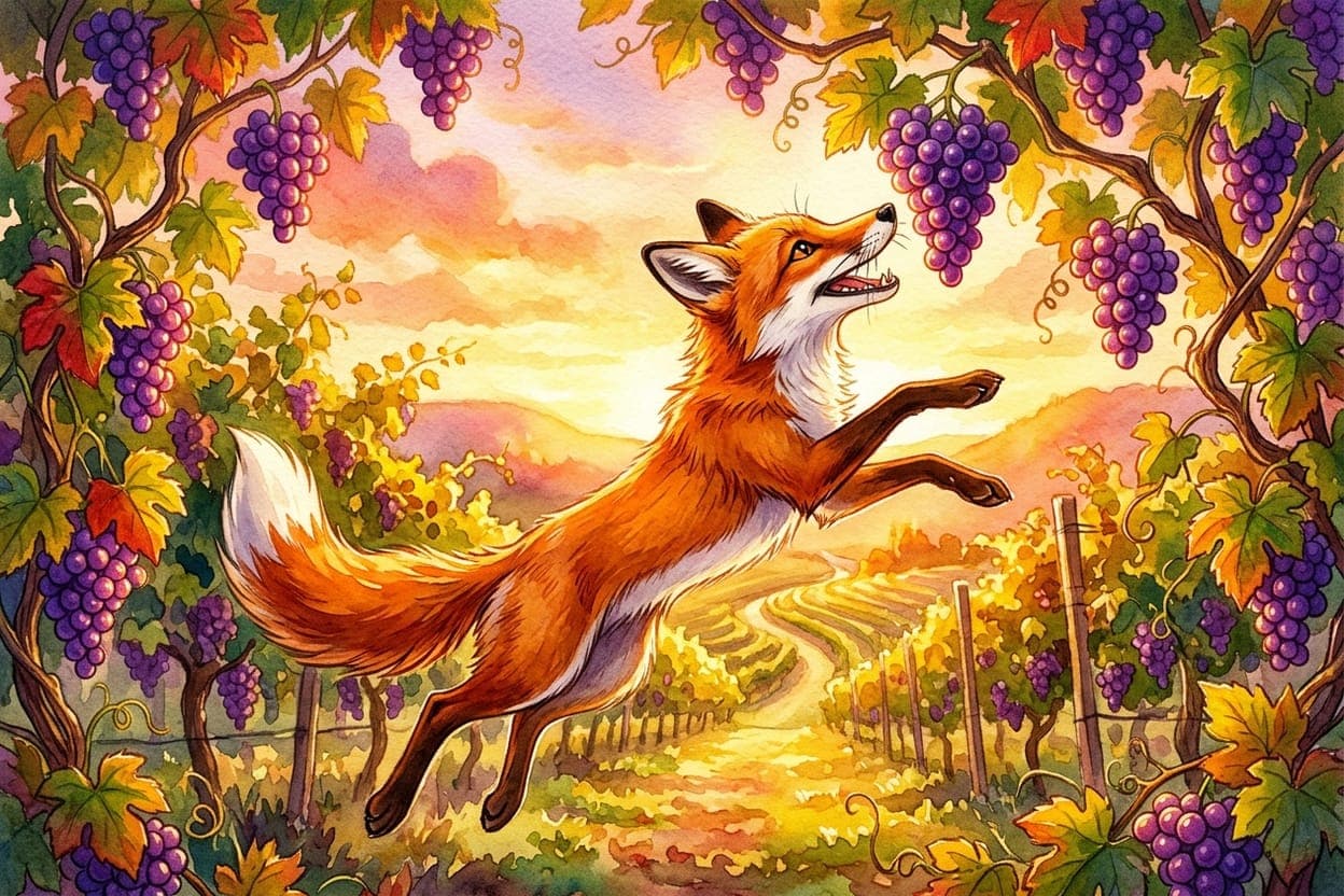 Ilustração do conto A Raposa e as Uvas
