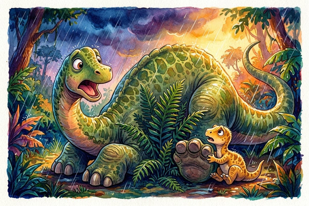 Ilustração do conto O Dinossauro que Tinha Medo de Trovão