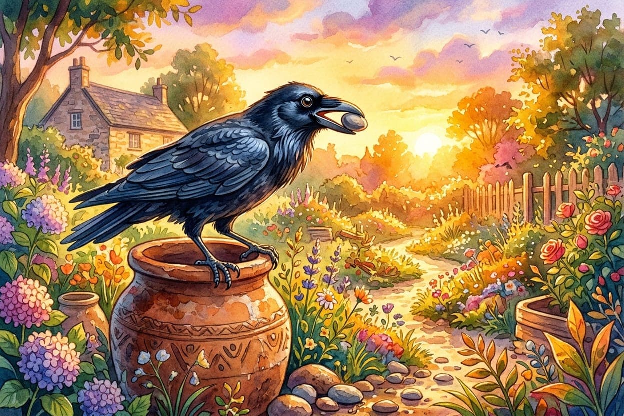Ilustração do conto O Corvo e a Jarra