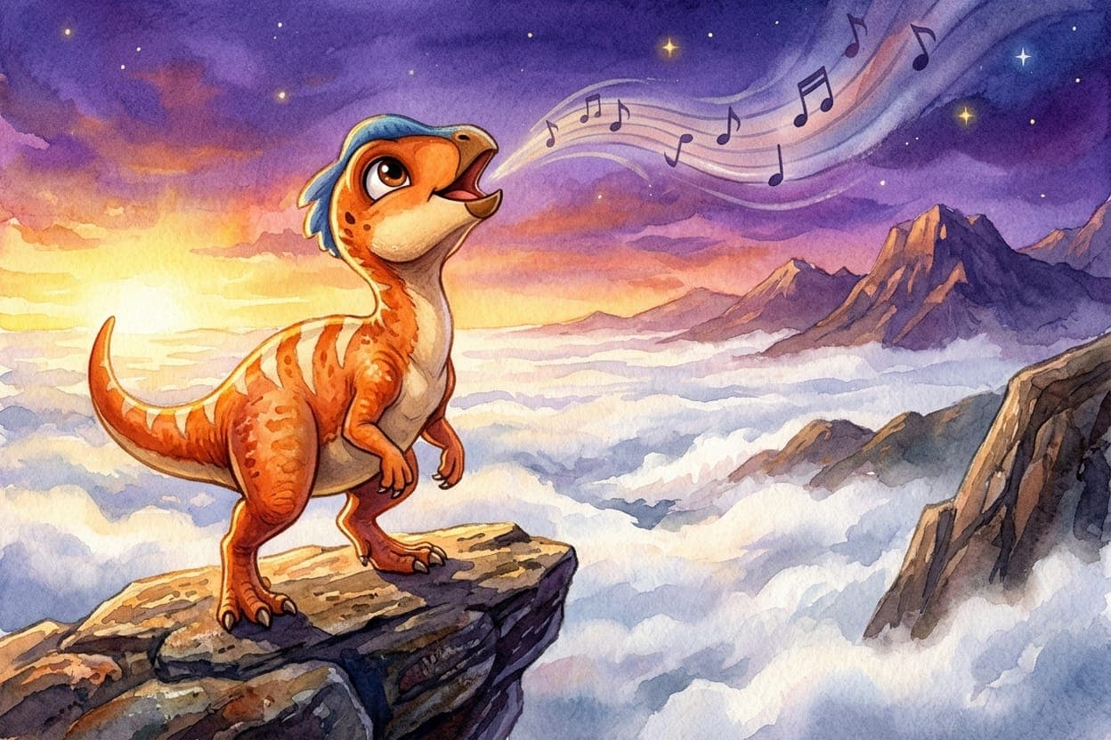Ilustração do conto O Dinossauro que Não Sabia Rugir