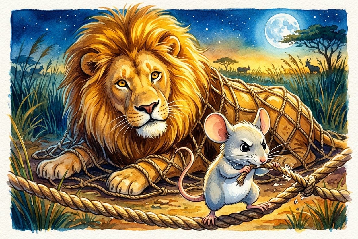 Ilustração do conto O Leão e o Ratinho