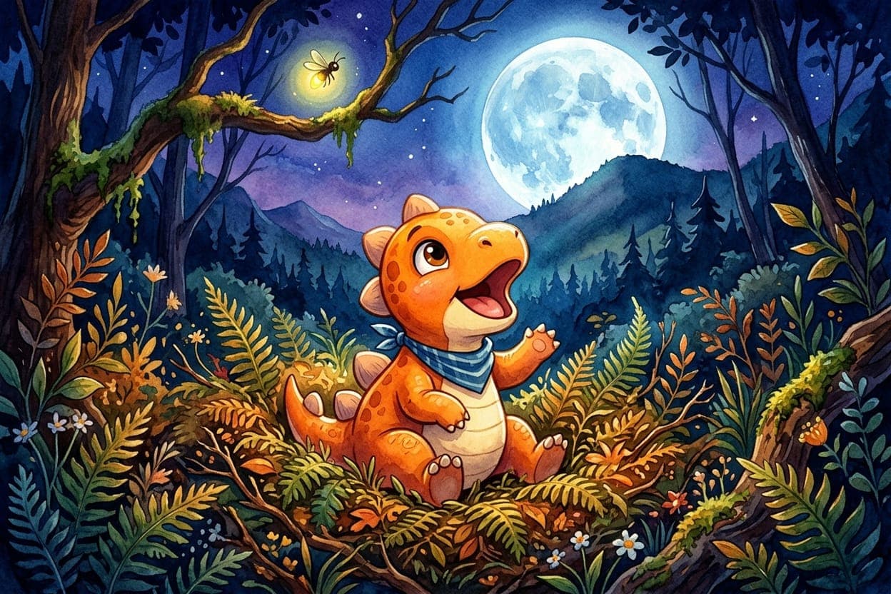 Ilustração do conto O Pequeno Dino que Não Queria Dormir