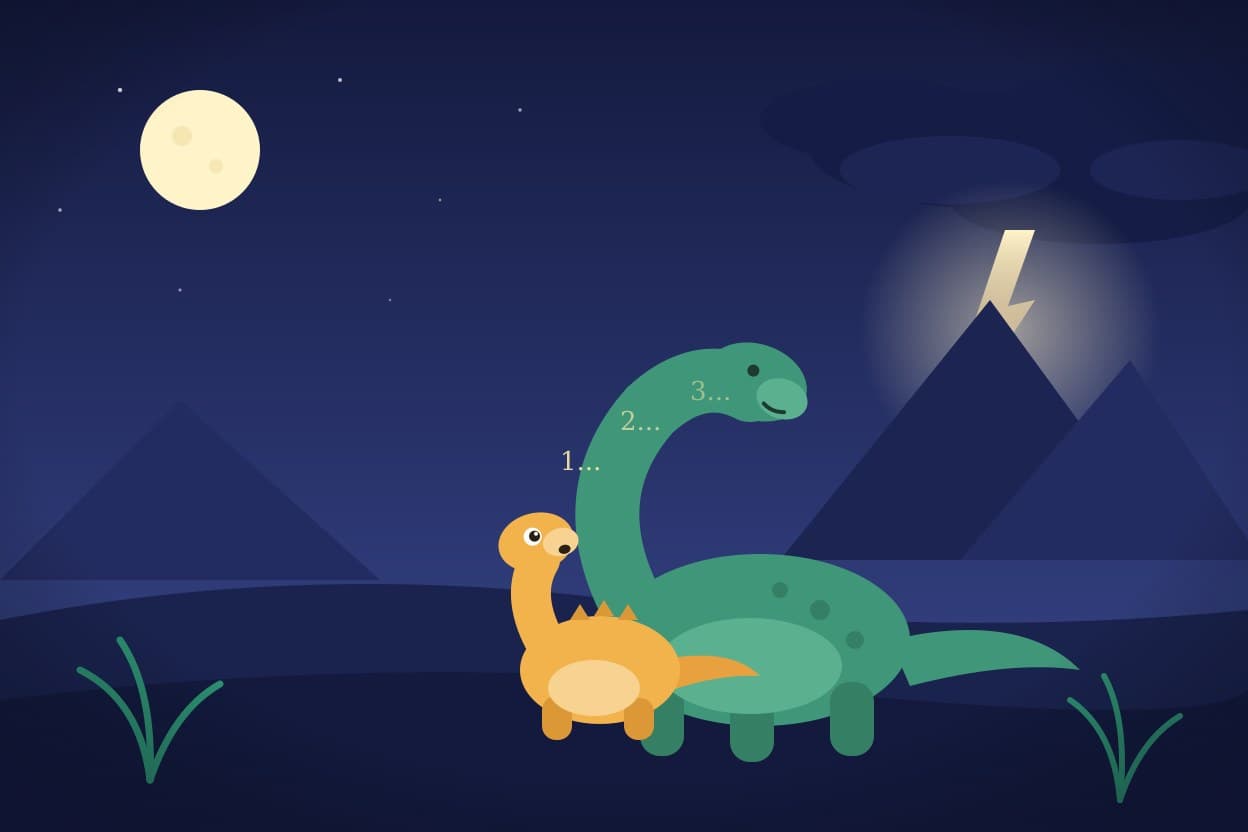 Ilustração do conto Teo, o Dinossauro que Tinha Medo de Trovão