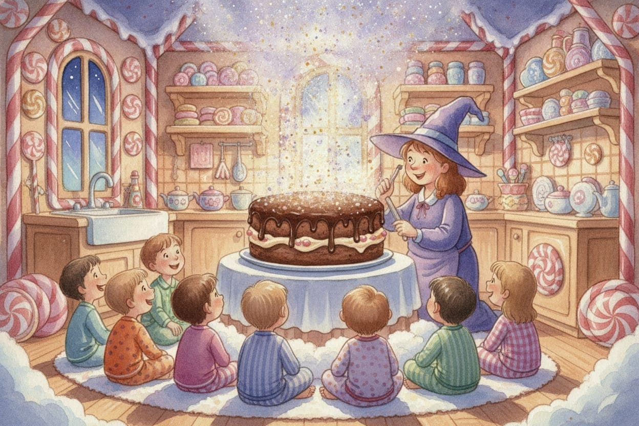 Ilustração do conto A Bruxa Boa e o Bolo de Chocolate Mágico