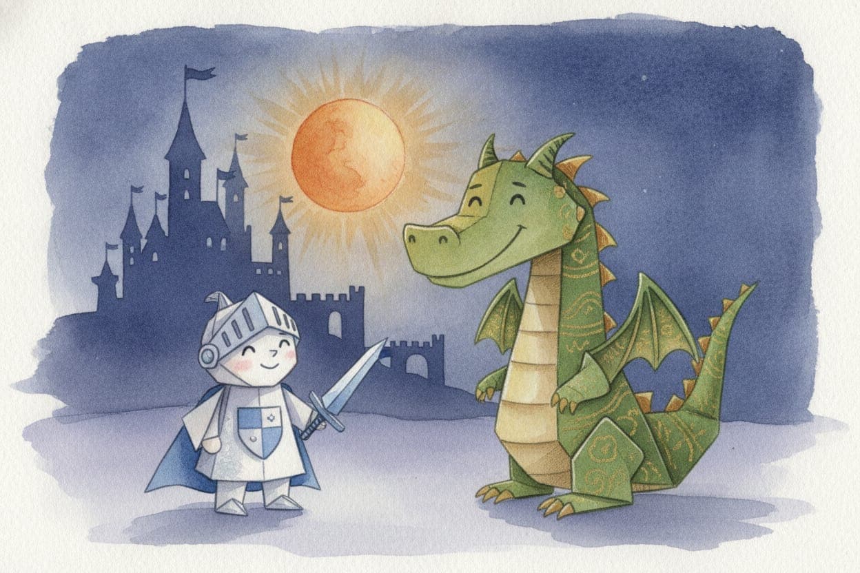 Ilustração do conto O Cavaleiro de Papel e o Dragão de Origami