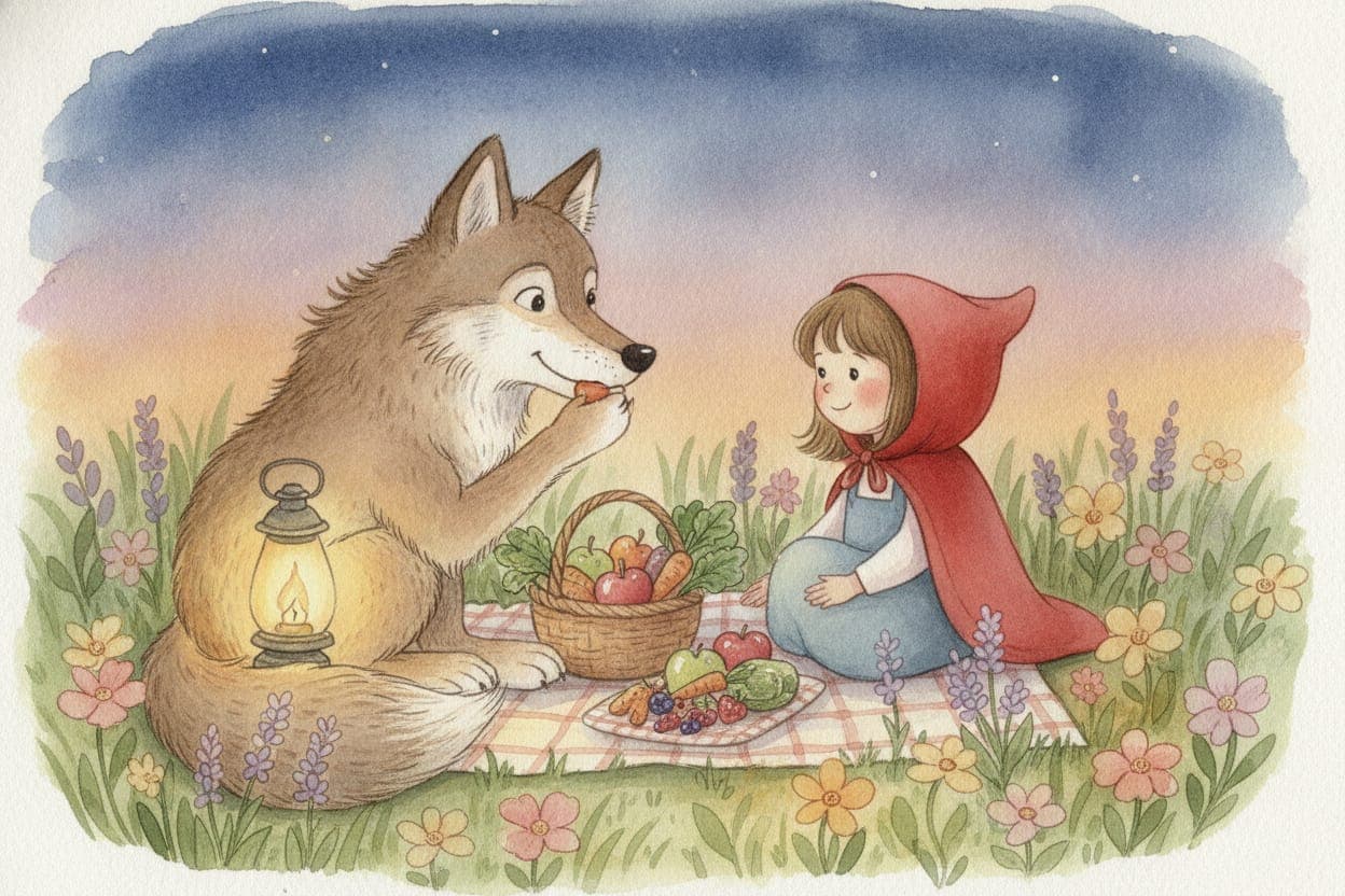 Ilustração do conto Chapeuzinho Vermelho e o Lobo Vegetariano