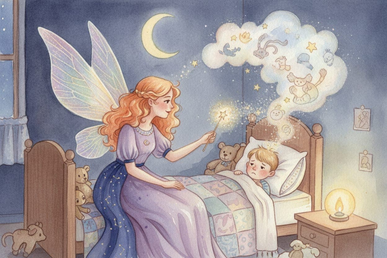 Ilustração do conto A Fada dos Sonhos e a Criança que Não Queria Dormir