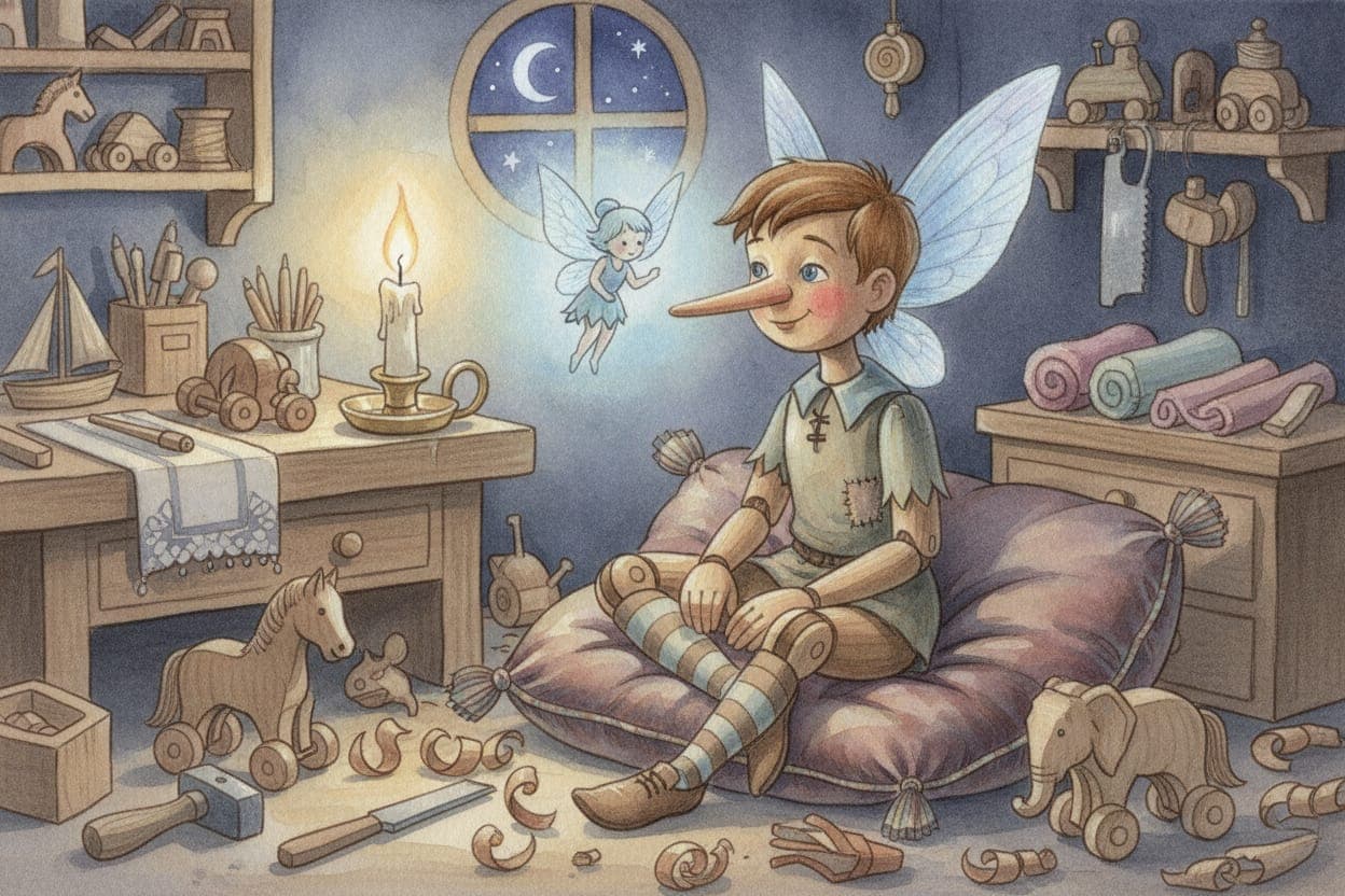 Ilustração do conto Pinóquio — A História do Boneco que Queria Ser Real