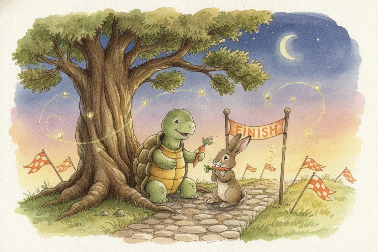 Ilustração do conto A Tartaruga e a Lebre: Quem Chega Primeiro?