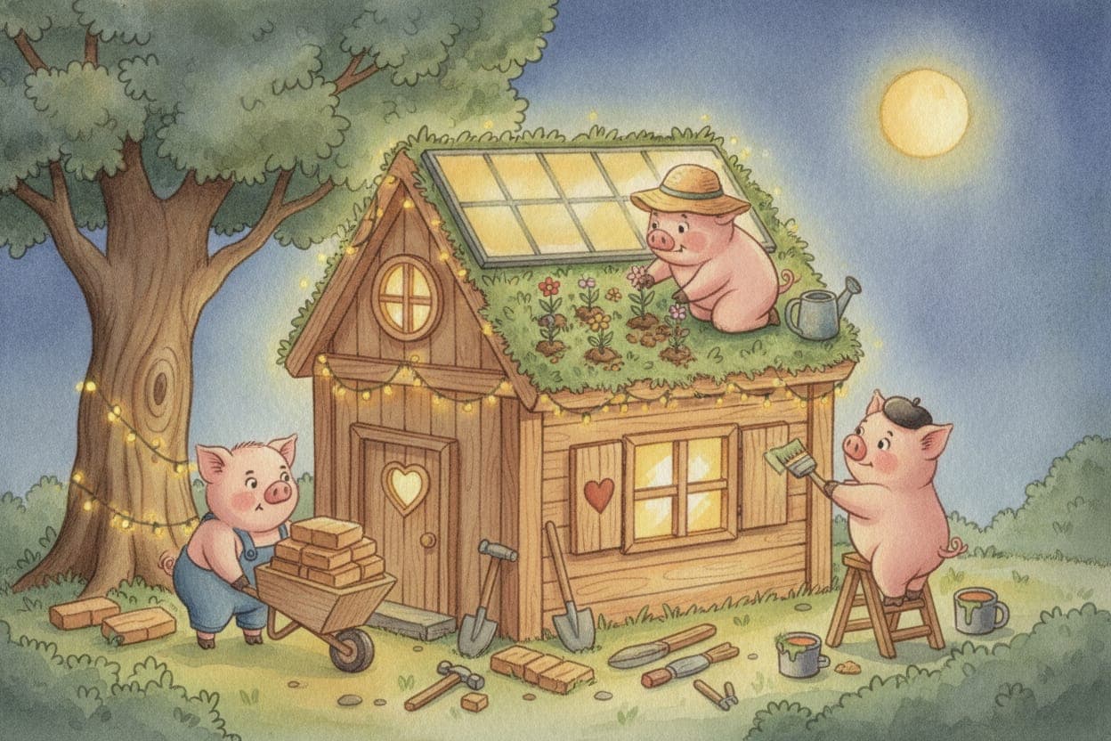 Ilustração do conto Os Três Porquinhos e a Casa Sustentável