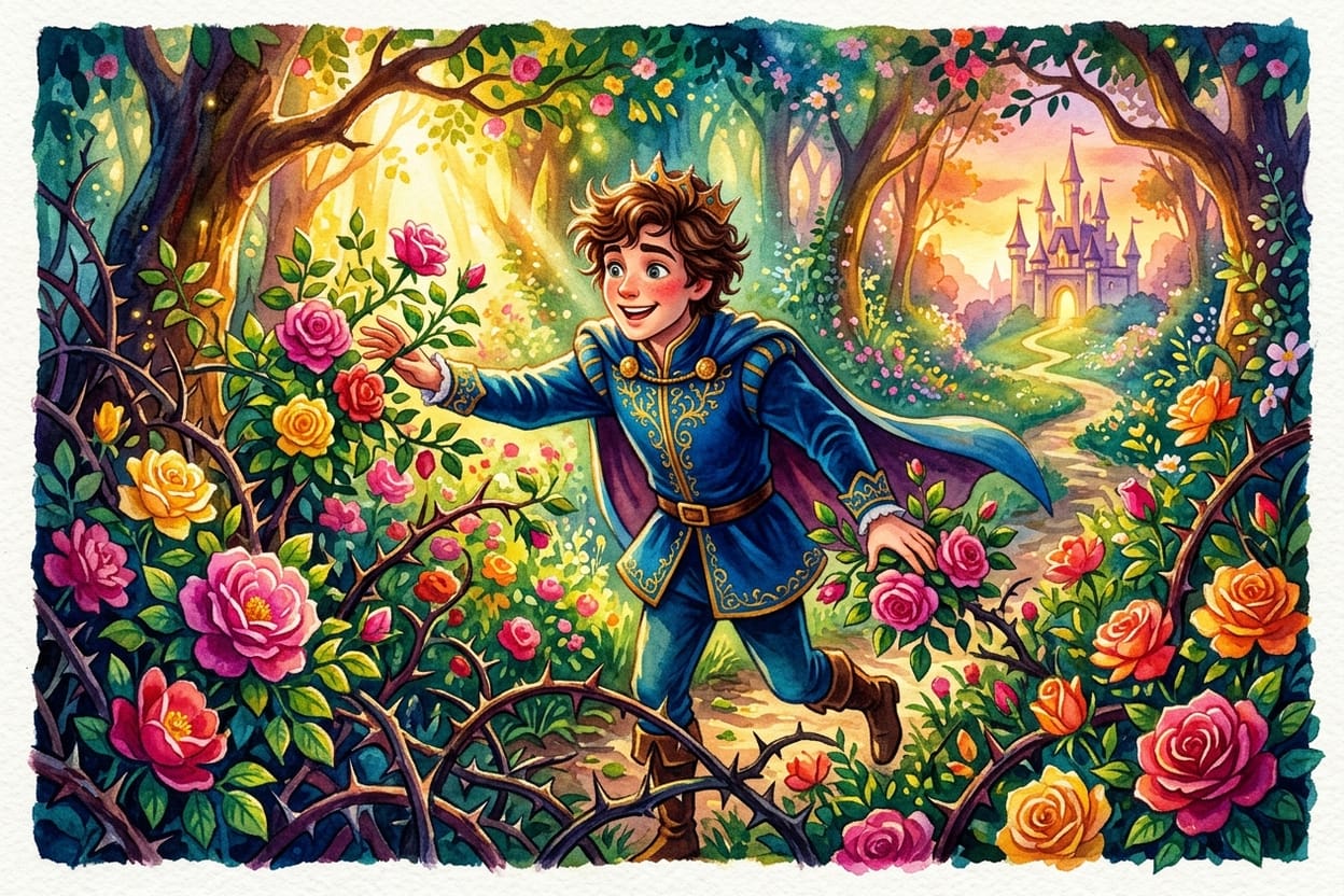 O príncipe atravessa a floresta de espinhos que floresce em rosas
