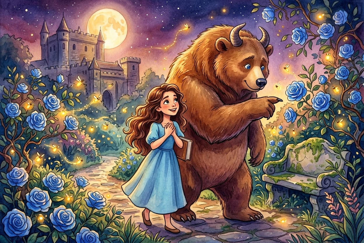 Jardim secreto de rosas azuis com vaga-lumes à noite