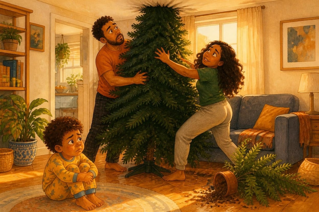 Um menino de cinco anos, de pijama amarelo com estrelinhas, sentado num tapete de sala pequena, olhando o pai e a mãe tentarem encaixar uma árvore de Natal grande de plástico entre o sofá e a janela