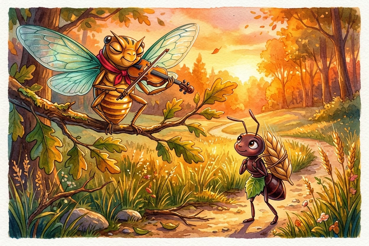 Fim de tarde alaranjado: a formiga para no meio da trilha com o grão nas costas e inclina a cabeça para ouvir a música