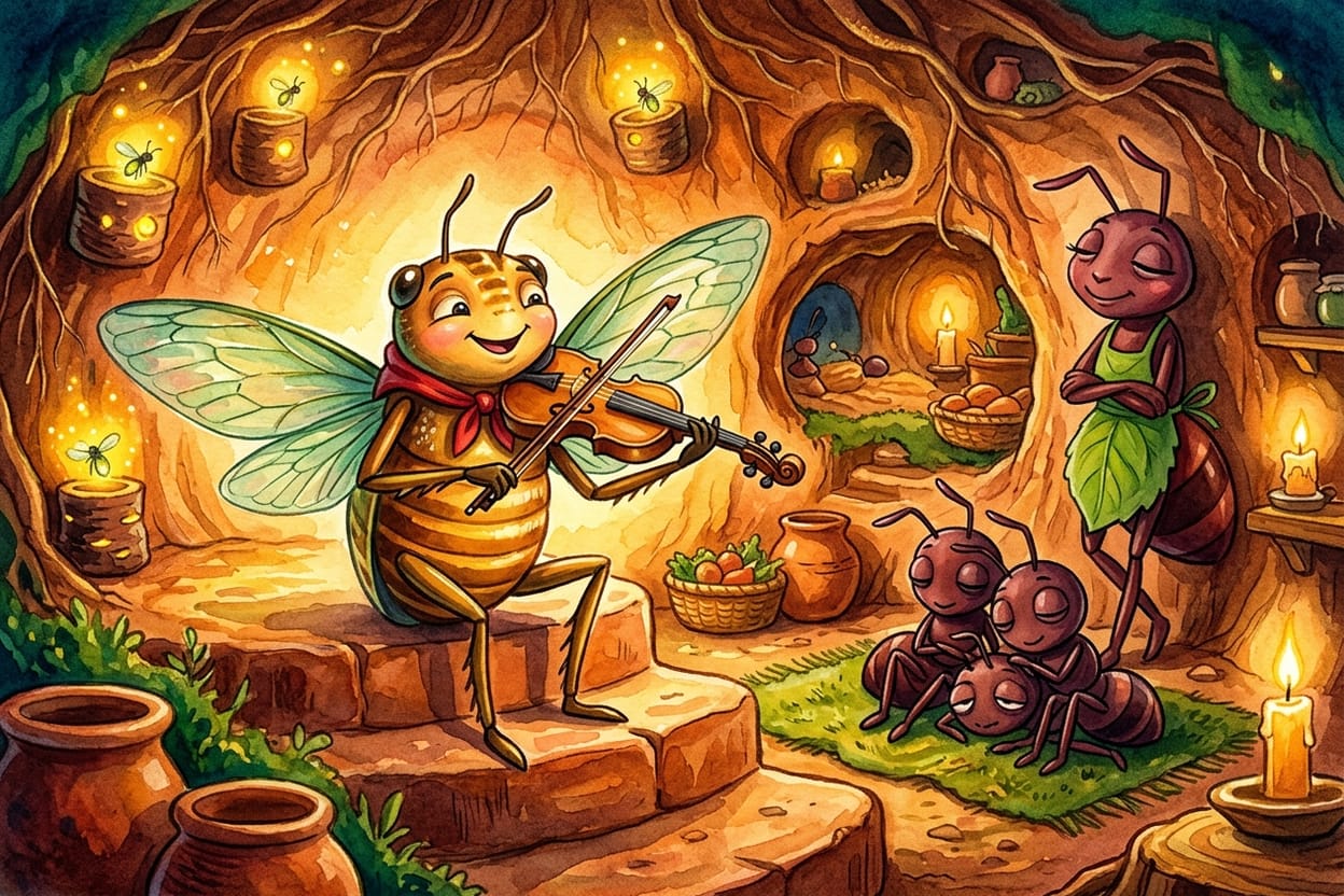Dentro do formigueiro aconchegante, a cigarra toca violino num corredor de raízes iluminado por vaga-lumes, com formiguinhas escutando