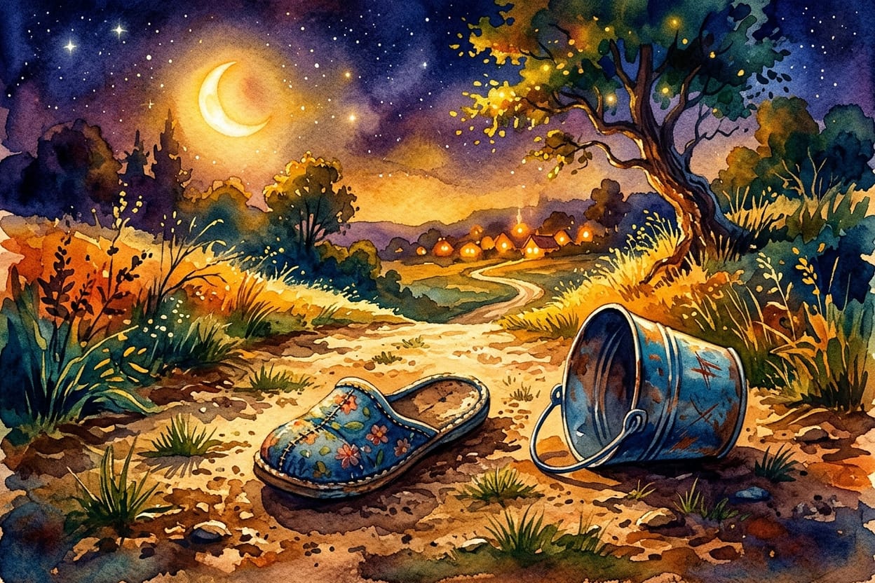 Um chinelo de pano esquecido numa estrada de terra ao luar, com um balde caído ao lado