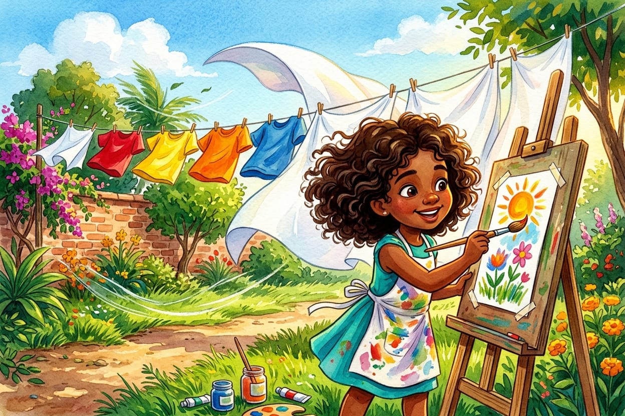 Menina pintando diante de um varal cheio de roupas infladas pelo vento no quintal