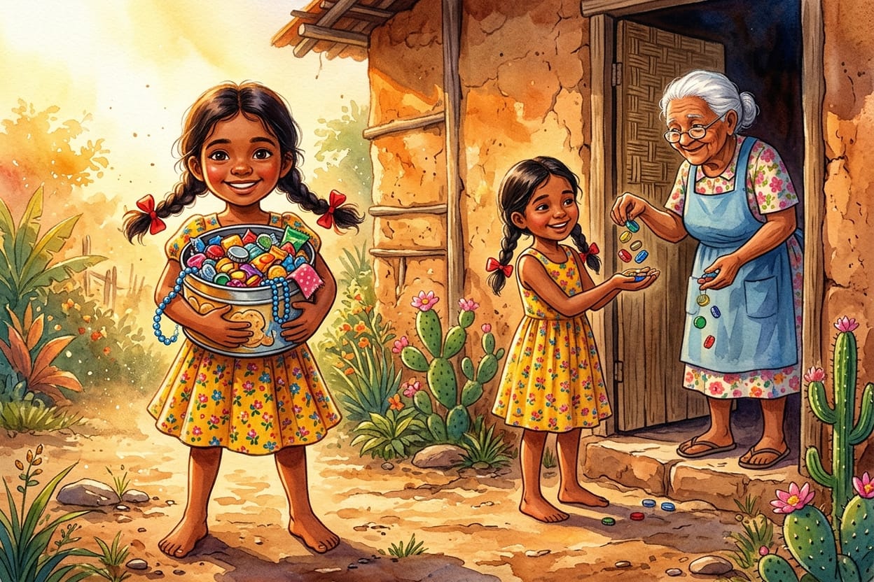 Menina segurando uma lata de biscoito cheia de tampinhas e papéis coloridos na porta de uma vizinha