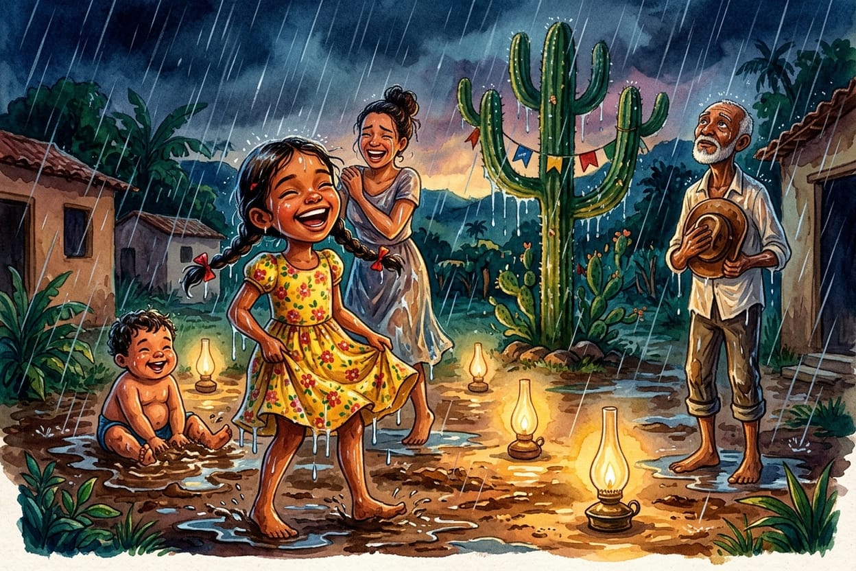 Família comemorando de braços abertos sob a chuva no terreiro, ao lado do cacto enfeitado