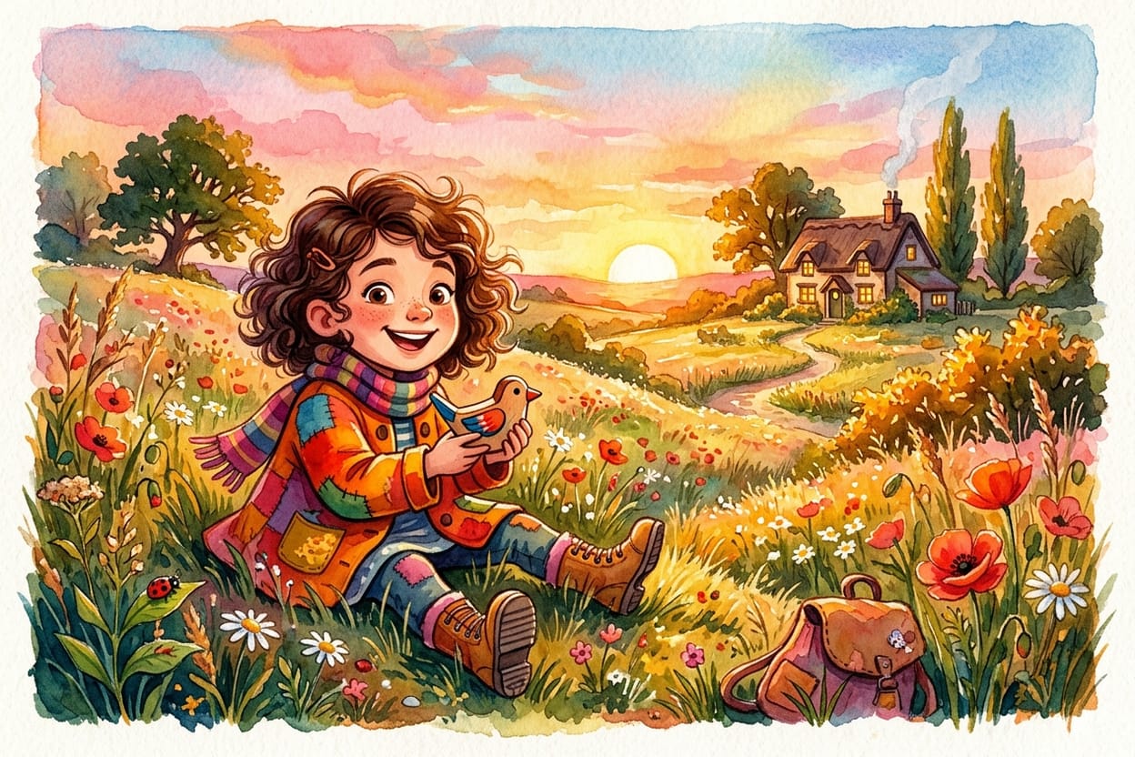 Um campo aberto banhado pela luz rosada do fim da tarde, com uma casinha e o sol baixo