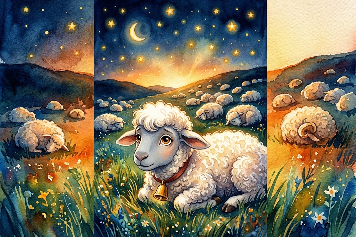 Uma ovelhinha branca de fitinha vermelha no pescoço, acordada e de olhos abertos no meio de um pasto onde todas as outras ovelhas dormem sob as estrelas