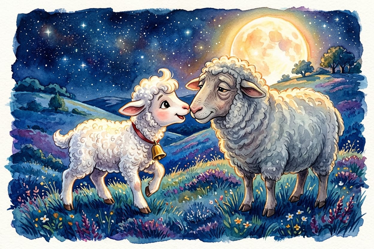Uma ovelhinha branca pequena de fitinha vermelha conversando focinho com focinho com uma ovelha velha de lã cinzenta, as duas iluminadas pela lua