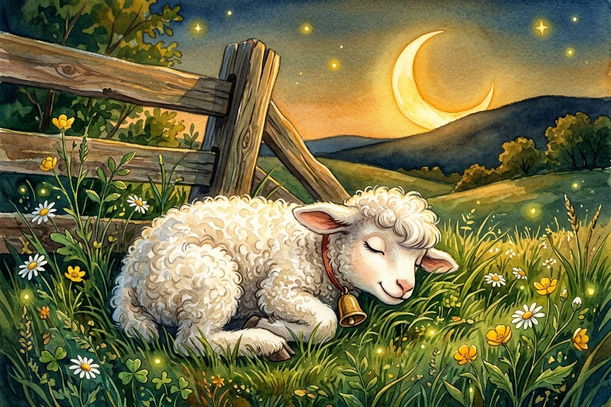 Uma ovelhinha branca de fitinha vermelha dormindo enroscada no capim alto ao pé de uma cerca de madeira velha, sob uma lua baixa e um pasto silencioso