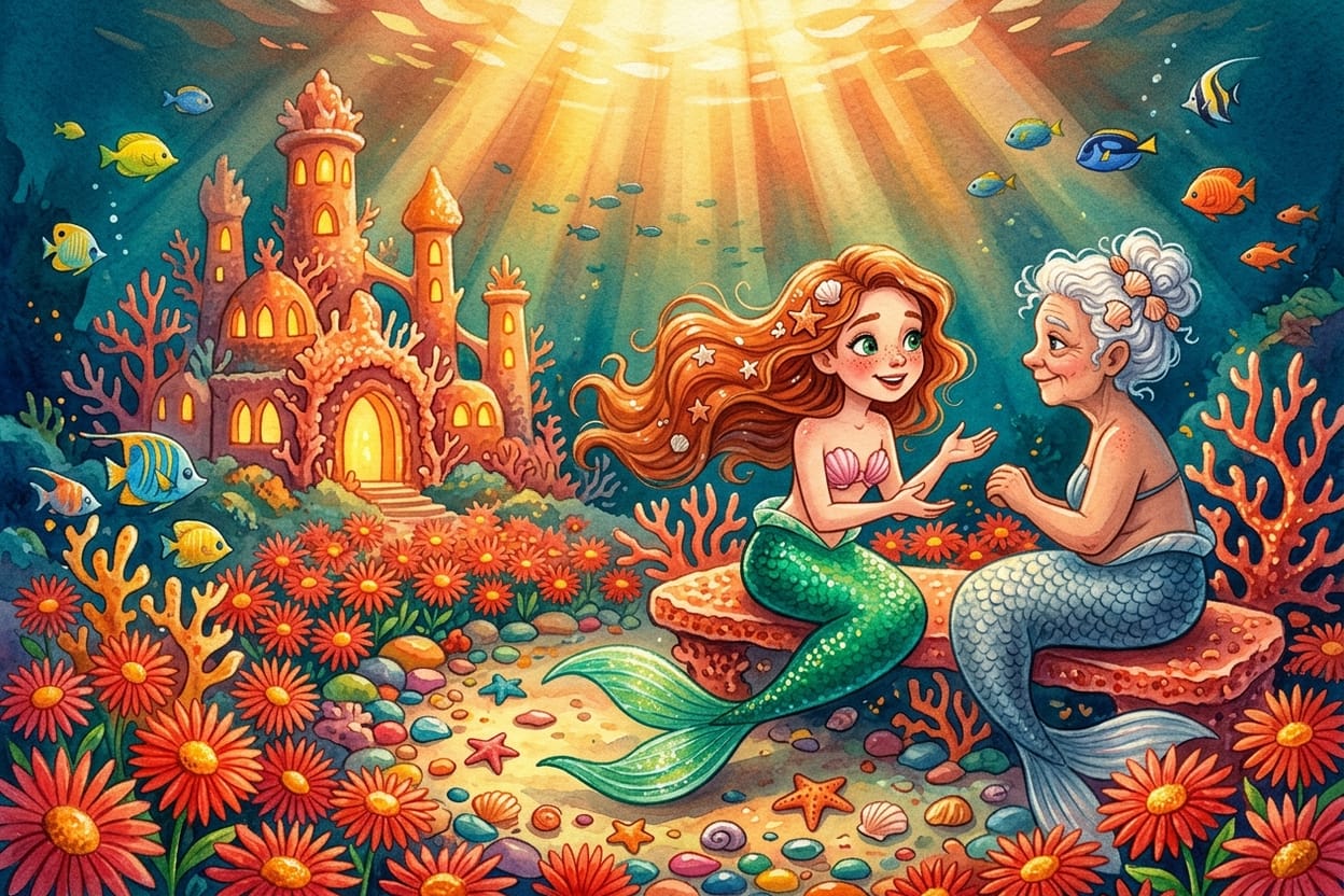 A sereiazinha e a avó conversam no jardim submarino de flores vermelhas