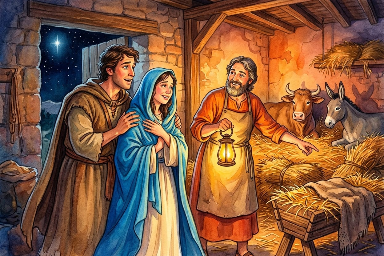 O dono do estábulo mostrando com a lamparina o canto de palha limpa ao casal