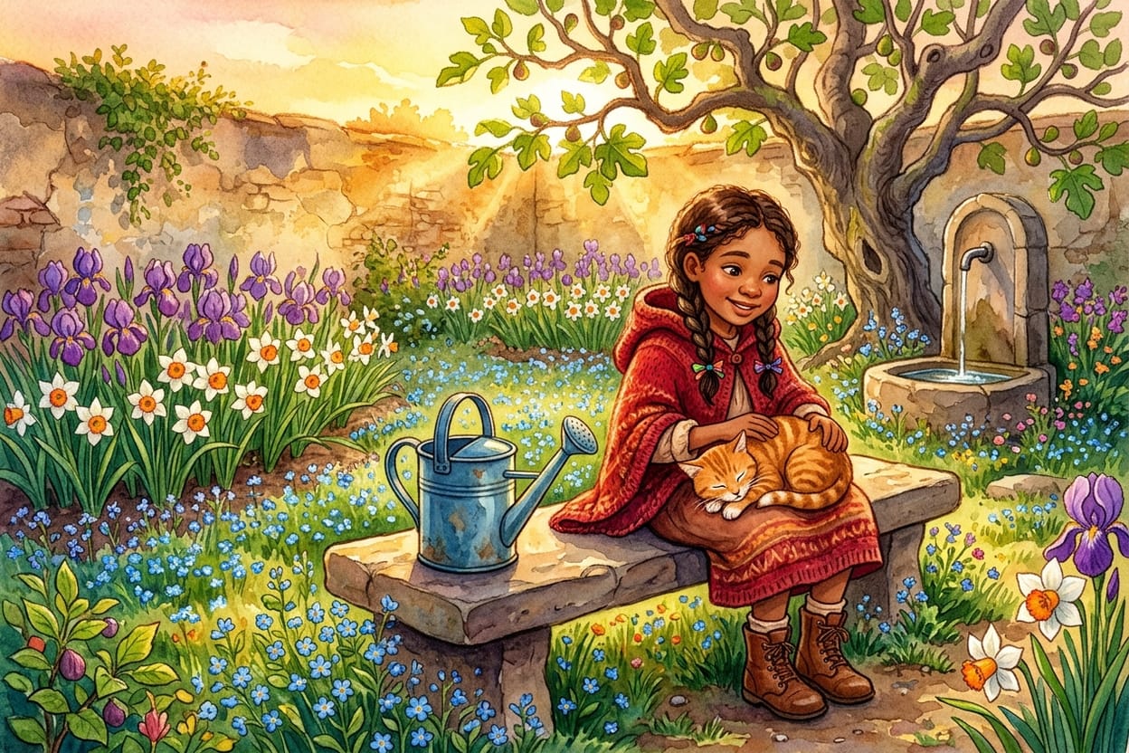 O Jardim do Meio florido no fim da tarde, com íris roxas e flores brancas nos canteiros, Olívia sentada no banco de pedra com o gato laranja no colo