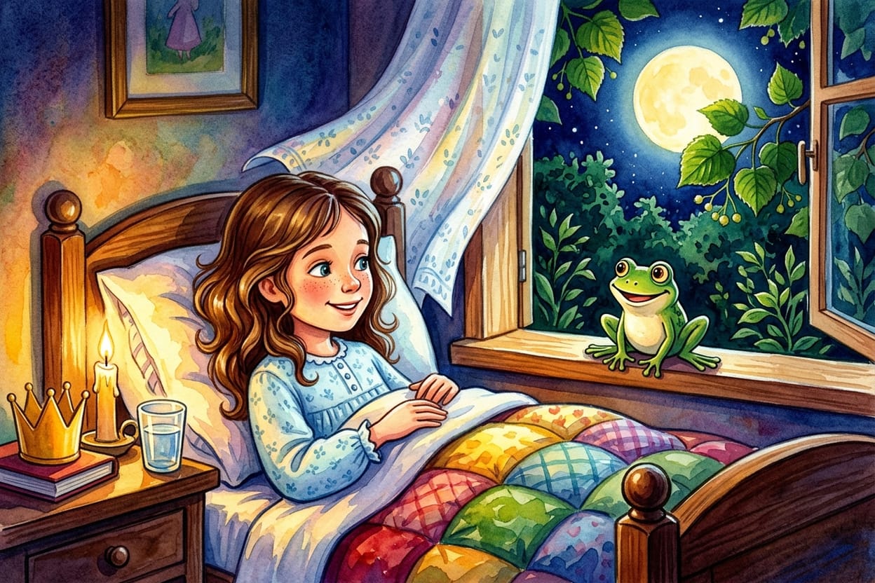 O sapo acomodado no peitoril da janela do quarto ao luar, com a menina de camisola olhando para ele da cama