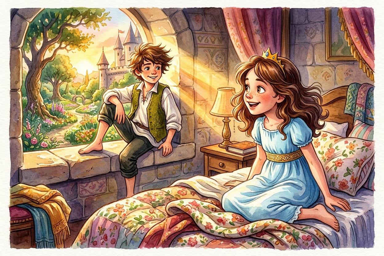 Um menino de cabelo bagunçado sentado no peitoril da janela ao sol da manhã, e a princesa acordando surpresa na cama