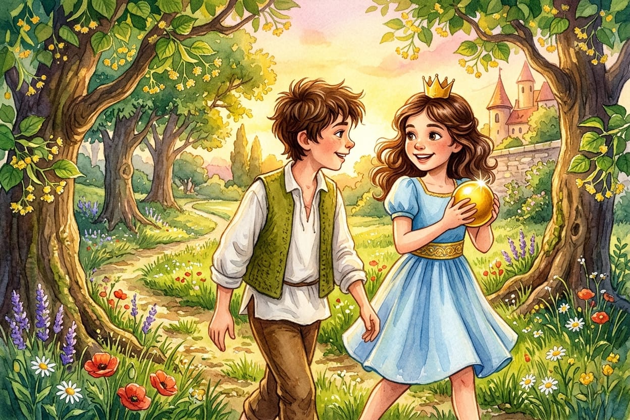 A princesa e o menino caminhando pelo jardim entre as tílias, ela com a bola de ouro nas mãos