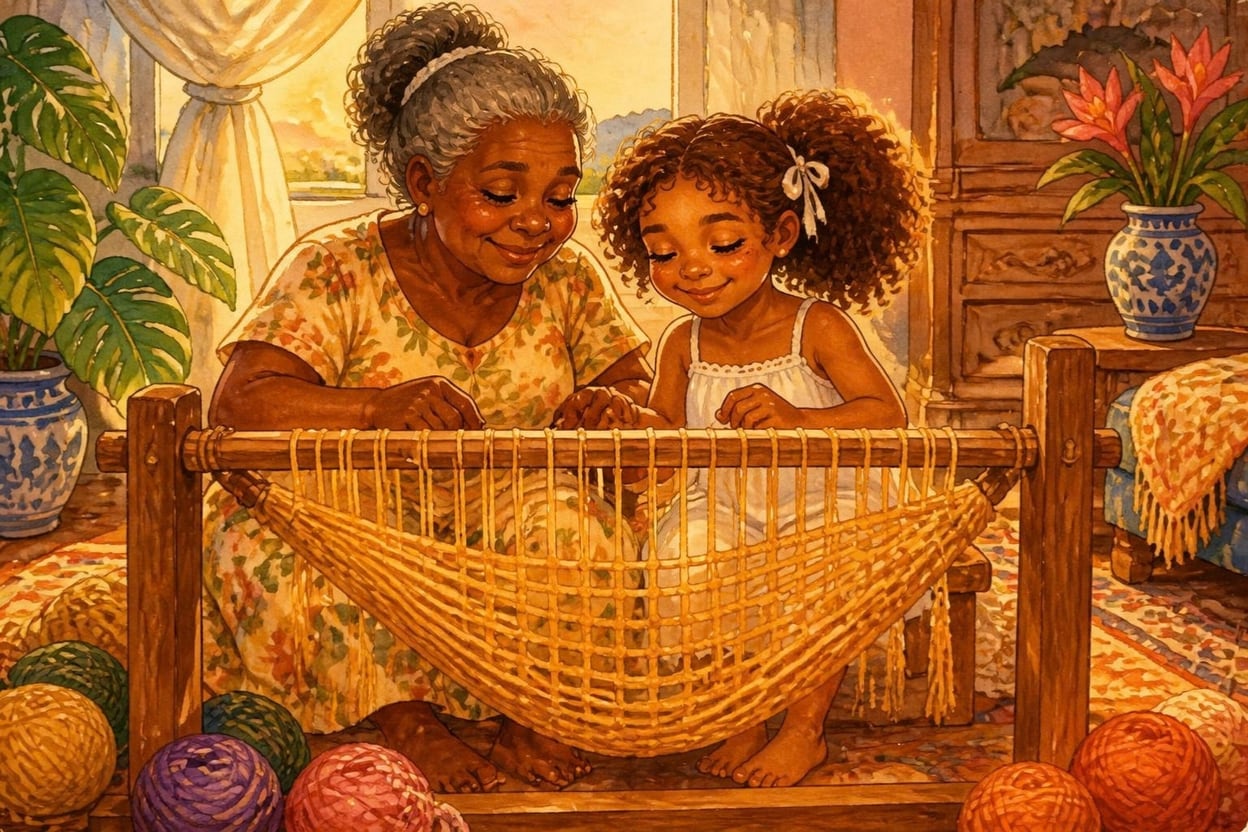 Cecília e Vó Zefa lado a lado no tear, trabalhando juntas numa rede pequena, com novelos coloridos no chão