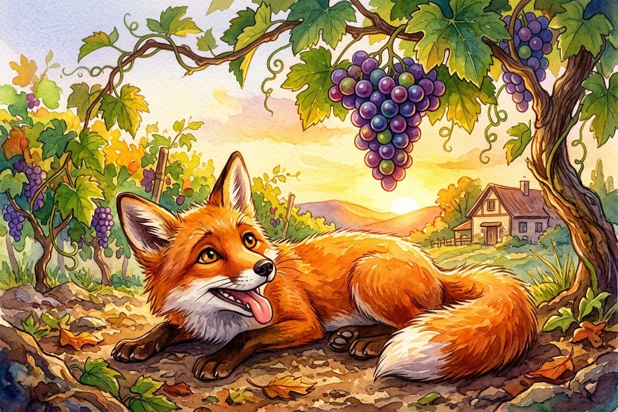 A raposa deitada de lado no chão de terra, ofegante, com o cacho de uvas ainda intacto acima dela