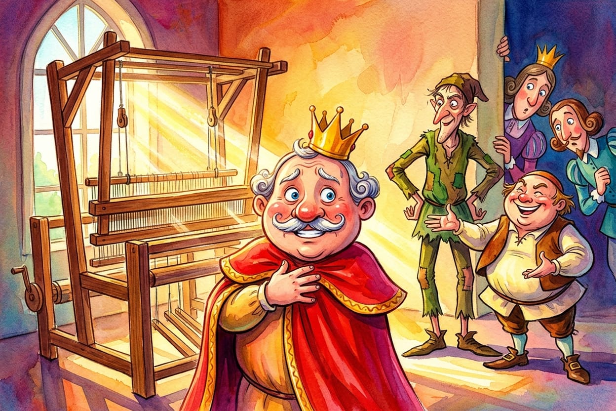 O rei de pé diante de um tear completamente vazio, com a mão no peito e a corte espiando por cima dos ombros dele
