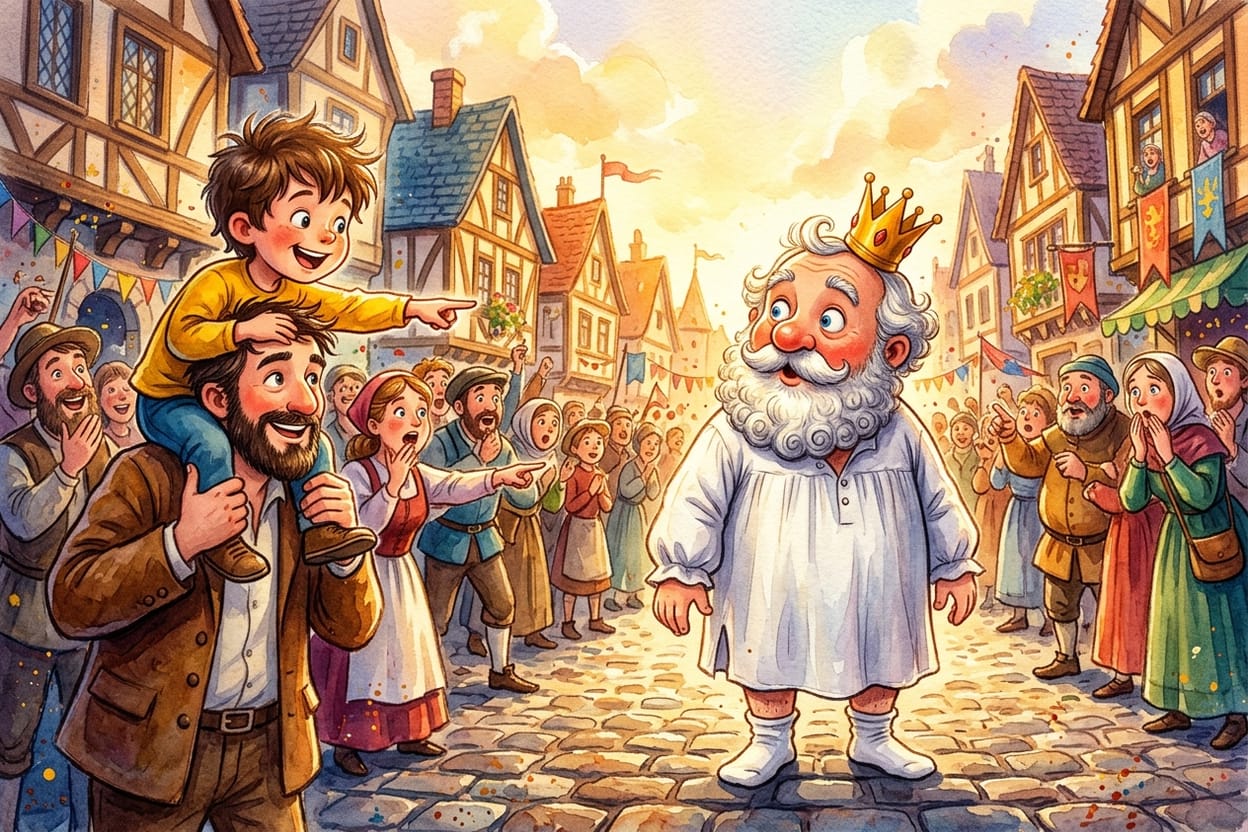 O rei parado no meio da rua olha para um menino pequeno nos ombros do pai, que aponta para ele