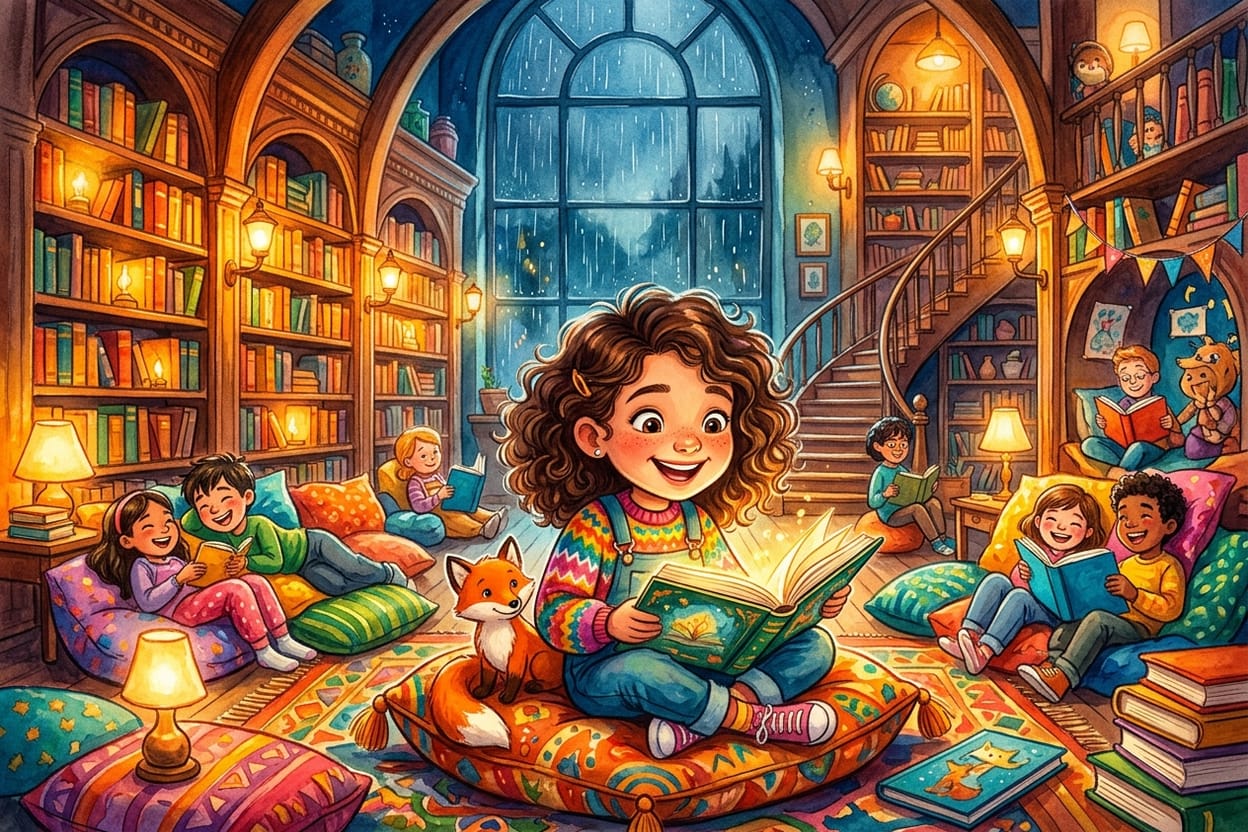 A biblioteca de Vilabonja cheia de crianças lendo