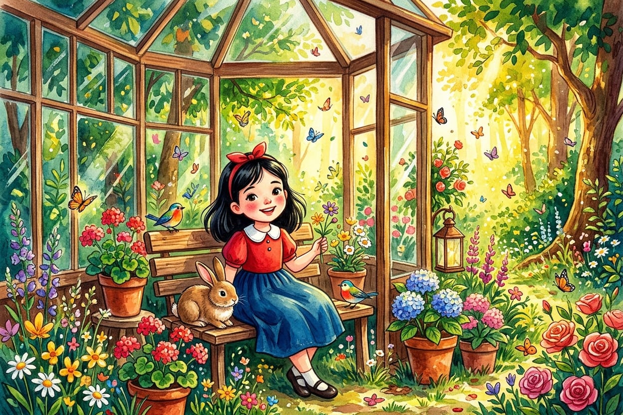A menina adormecida em um leito de vidro cercado de flores no jardim