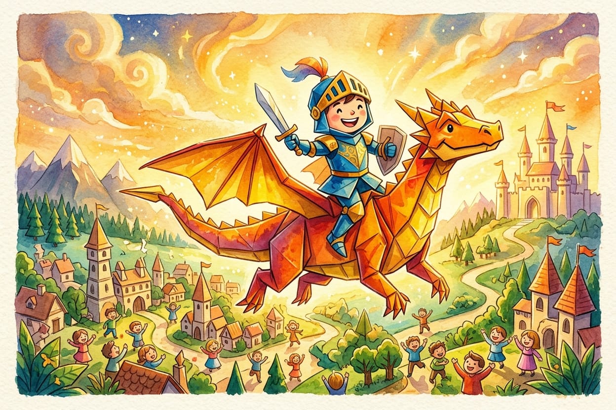 O cavaleiro e o dragão de origami voam juntos