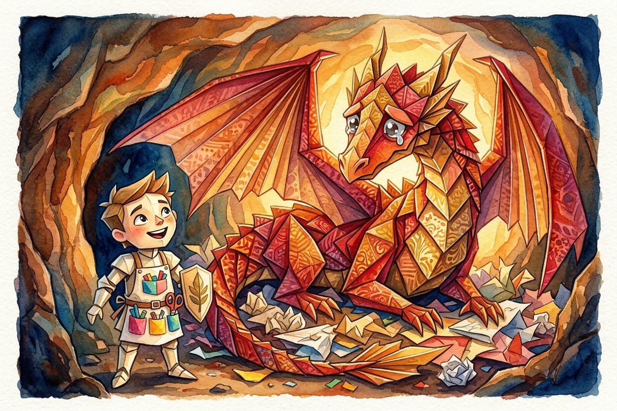 O enorme dragão de origami vermelho e dourado na boca da caverna, cercado de dobraduras amassadas
