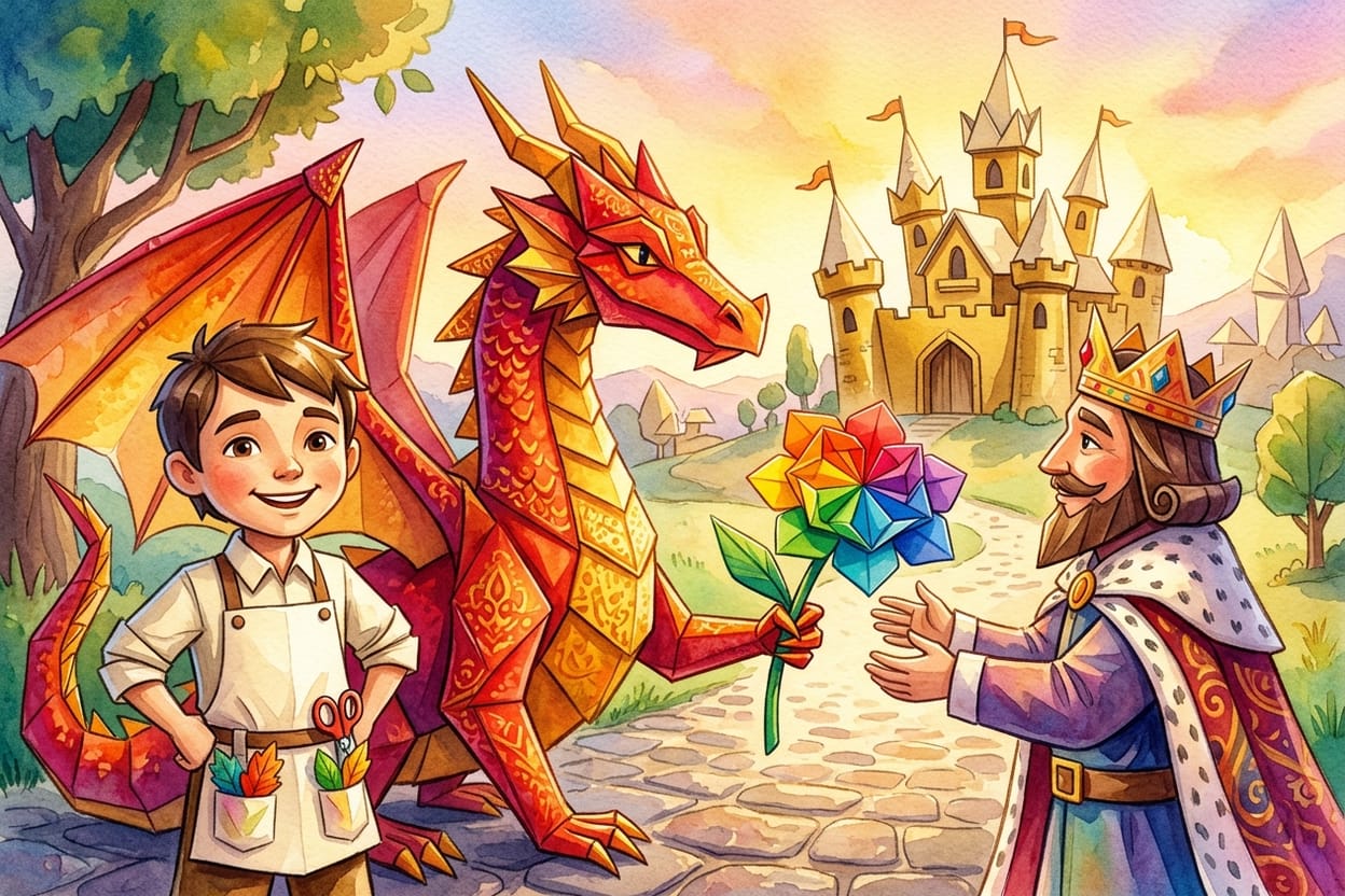 O dragão de origami entrega uma grande flor de papel colorido ao rei diante do castelo dourado