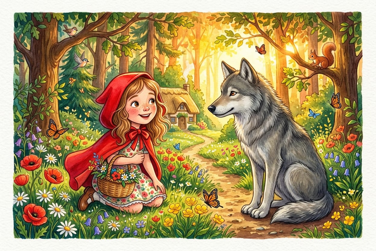 A menina ajoelhada entre flores silvestres conversa com um lobo cinzento sentado na trilha
