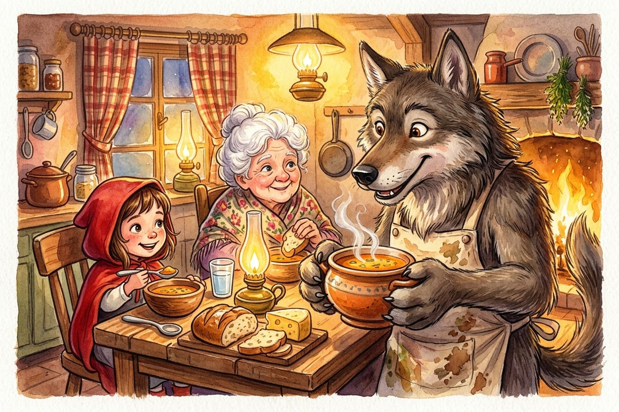 Os três sentados à mesa da cozinha tomando sopa, com pão e queijo no centro