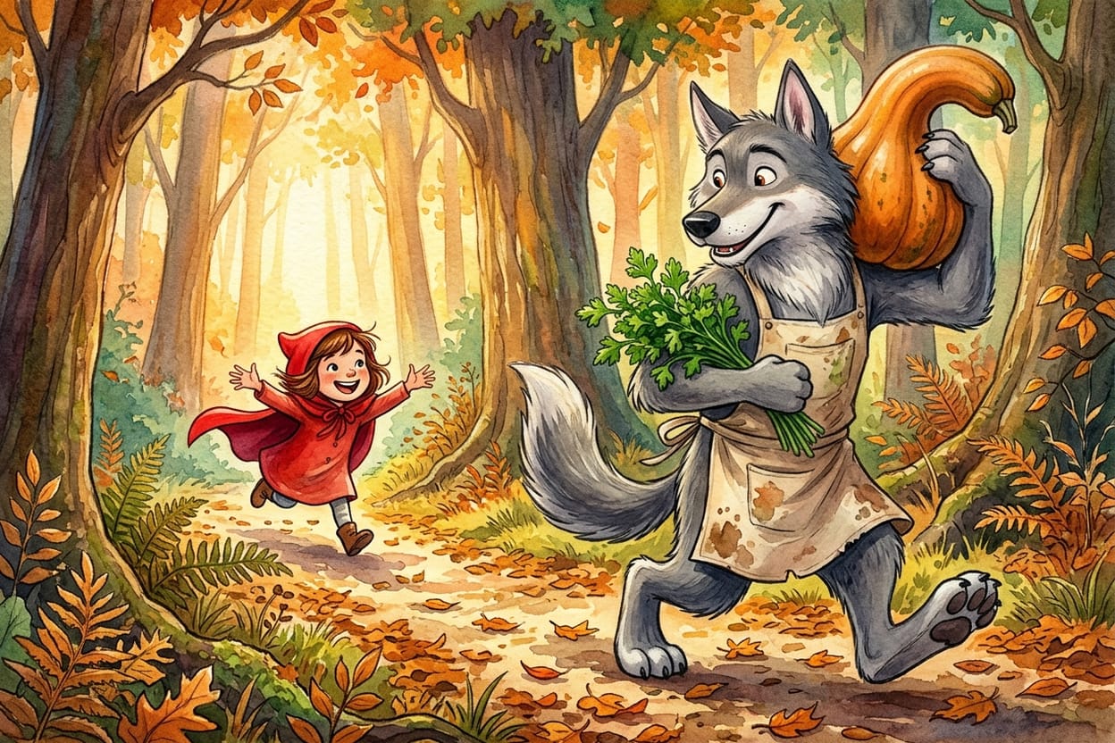 O lobo chega pela trilha de outono com uma abóbora no ombro e a menina corre ao seu encontro