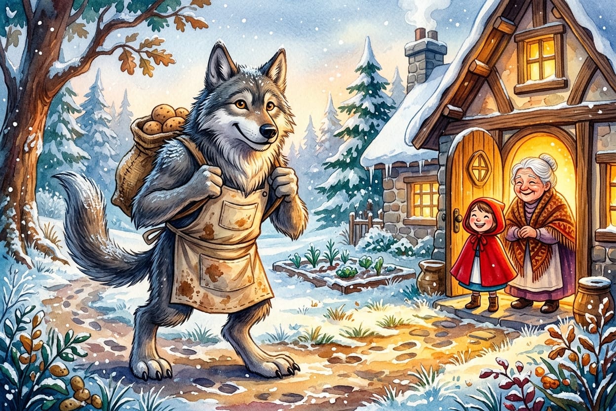O lobo chega com um saco de batatas numa manhã de inverno e é recebido na porta iluminada da casa