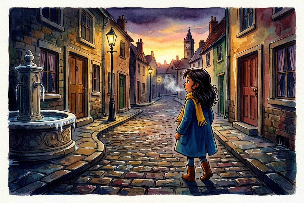 Rua vazia da cidade antes do amanhecer, lampiões acesos e uma menina pequena caminhando sozinha