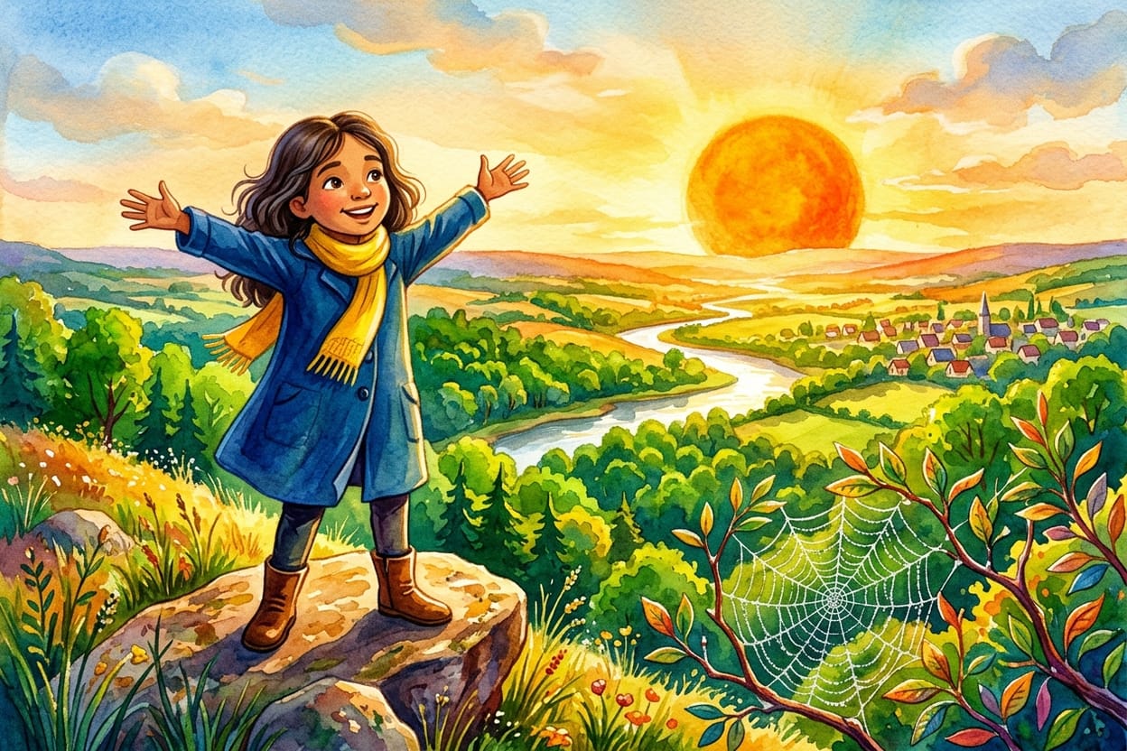 O sol inteiro acima do horizonte iluminando o rosto de Luna e o vale verde com o rio prateado